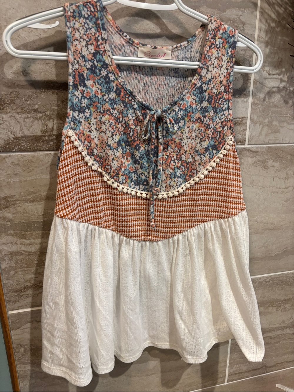 SugarFox Mixed-Print Sleeveless Tank in Blue, Rust & Cream size M